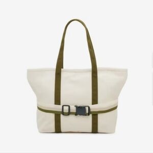 DSW Cream Canvas Zippered Tote with Green Straps
